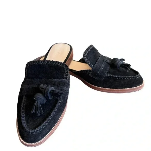 Nine West Black Suede Leather Tasseled Flat Mules Womens size 8.5 - Picture 2 of 13